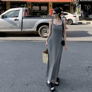 跨境法式高级感灰色吊带连衣裙女春夏季显瘦高腰复古内搭背心长裙