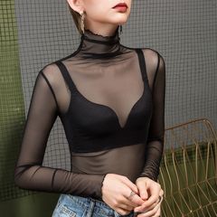 2025 Early Spring High Neck Net Lace Camisole Top for Women, Innerwear Chic Gown Shirt, Plus Size Black Puff Collar Lace Blouse