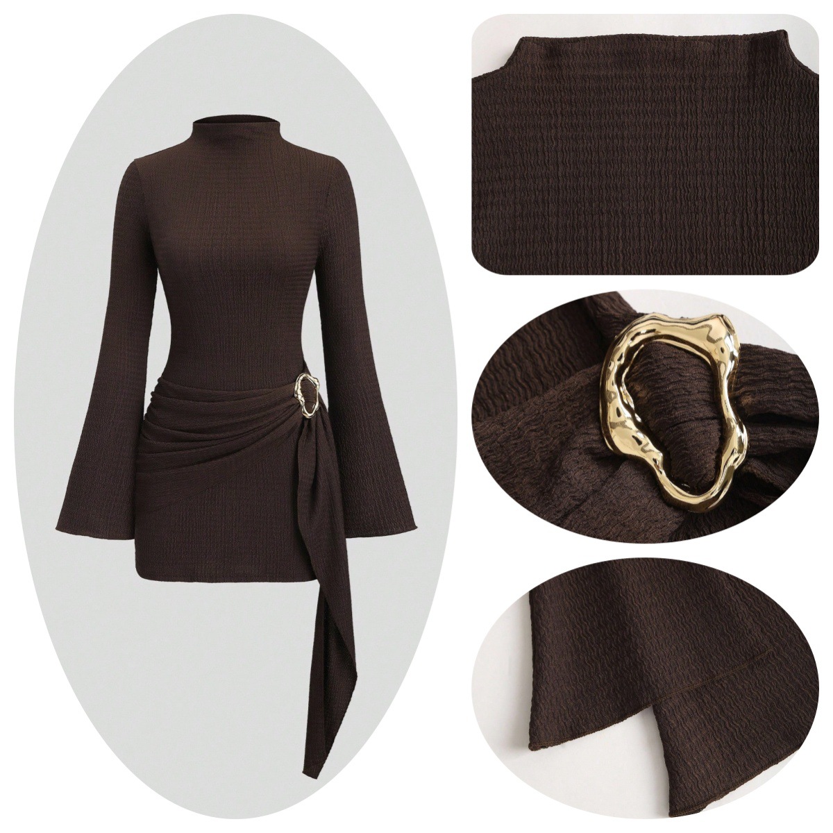 Robe midi ajustée avec col montant et boucle de ceinture_voghion.com