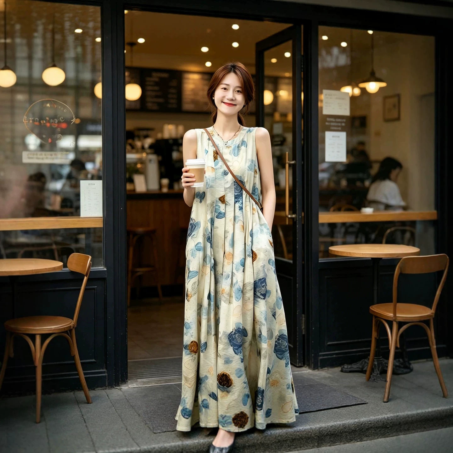 Đầm maxi nữ thắt eo cổ tròn không tay họa tiết hoa nhí — Váy in màu xanh chi tiết 3