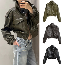 跨境外贸女装2025秋季欧美风复古仿皮立领飞行员长袖短款皮夹克