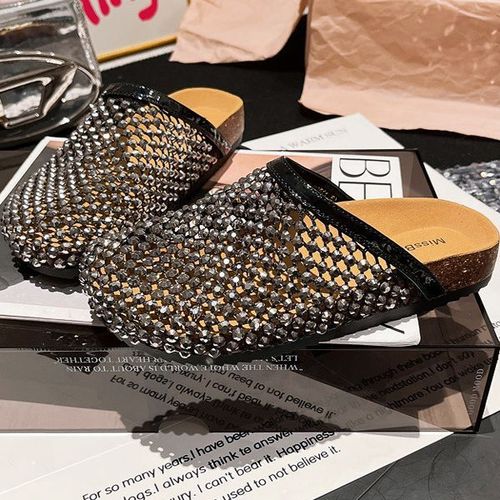 2025 Summer Water Diamond Full Diamond Fishing Net Toe Cap Big Toe Cap Half Slippers Sandals Tobuck Shoes Flat Bottom Women's Shoes 