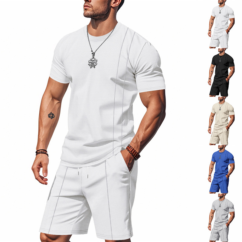 Men's Clothing Summer Men's Loose Waffle Two Piece Suit Round Neck Short Sleeved Shorts Set Simple Style For Formal & Casual_viptrois.com