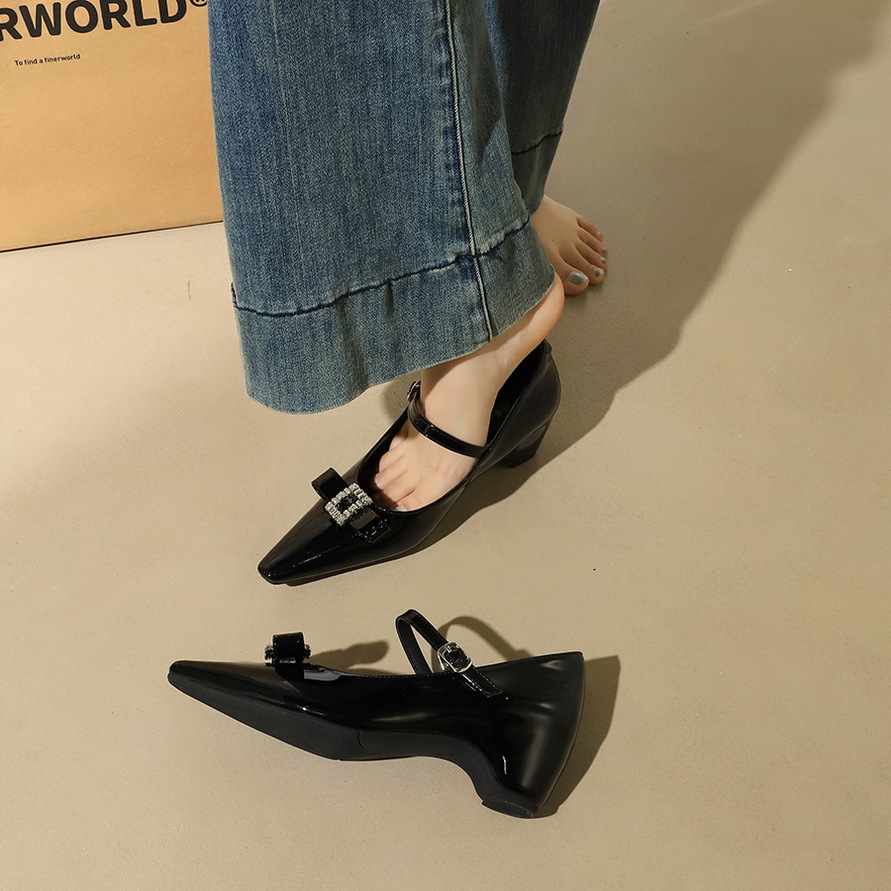 761-H130 Mary Jane With Internal Height Increase, Pointed Toe, Patent Leather, Rhinestone Bow, Elegant Commuter Shoes_vogvips.com
