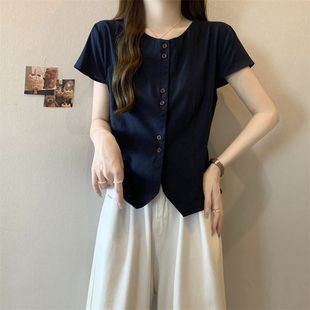 Plus Size Belly-Covering Flying Sleeve Short-Sleeved Shirt for Women Casual Slimming Top Summer Slightly Fat Design Right Shoulder Shirt