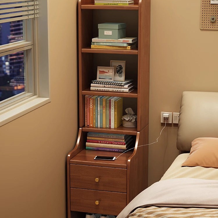 实木床头柜带书架置物架一体简约家用多层储物柜小户型床边收纳架