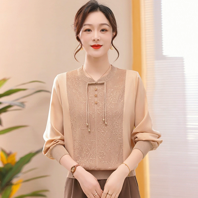 Мама средних лет весеннее платье национальный ветер нижняя рубашка 2025 новая иностранная одежда среднего и пожилого возраста женская трикотажная футболка