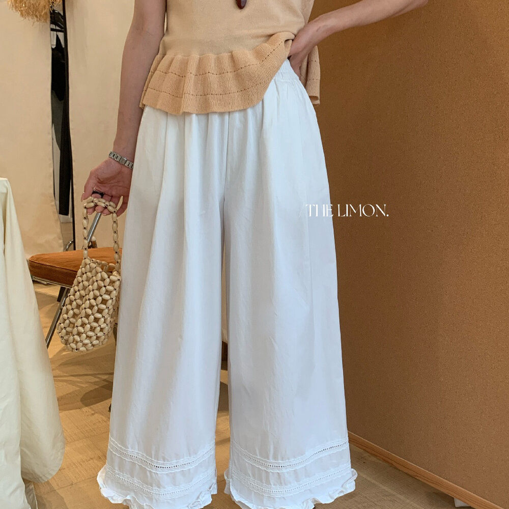 Quần culottes nữ ống rộng cạp cao chun, thiết kế viền ren bèo nhún, dáng suông 9 phân, phù hợp mùa xuân hè — màu đen, Xanh đen, Xanh da trờicolor, màu trắng