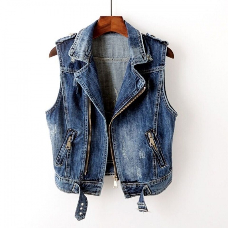 Denim Vest Women's Korean-style spring and autumn new short versatile ripped motorcycle jacket waistcoat sleeveless suit collar jacket