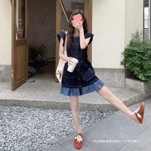跨境韩版格纹拼接牛仔连衣裙女2025夏季新款学院风俏皮减龄显瘦背