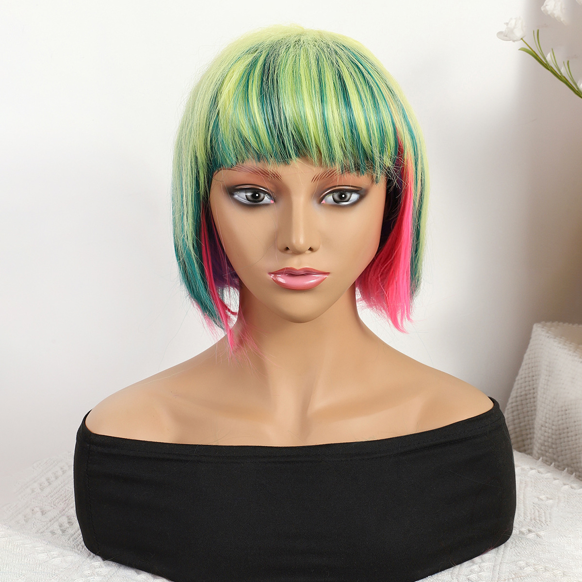 Transfronterizo nuevo verde gradiente largo recto 12 pulgadas sin encaje pelo recto europeo y brasileño peluca