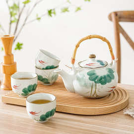 纯手绘釉下彩茶具套装高温陶瓷大容量泡茶壶荷叶鱼茶壶茶杯子