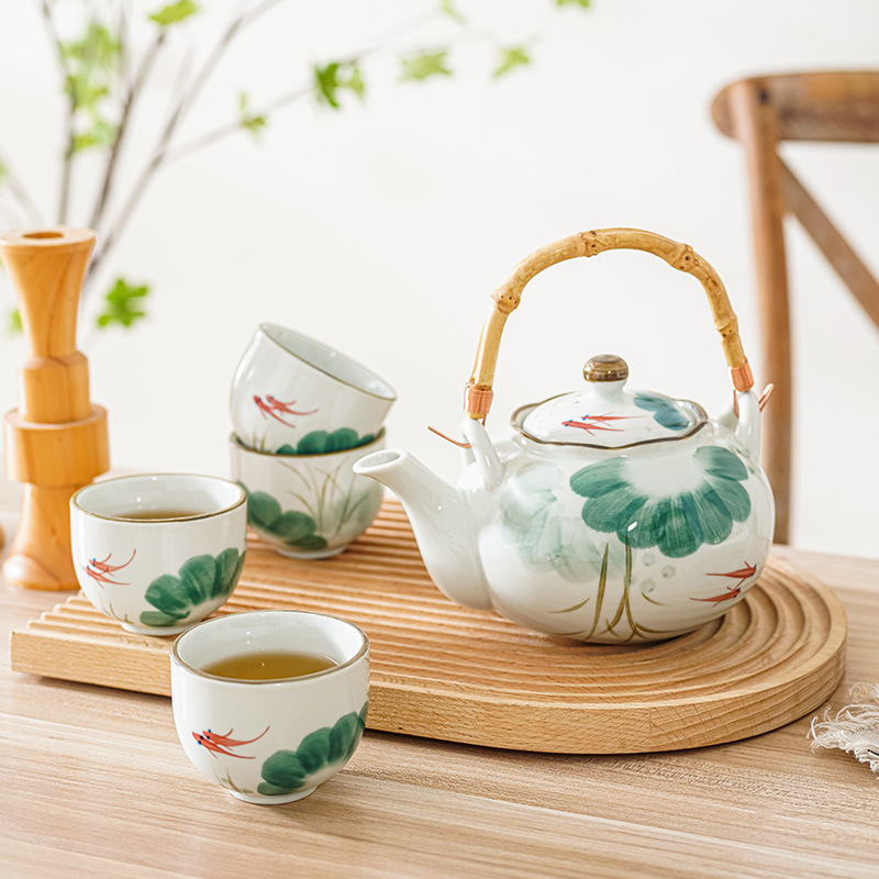 Purely Hand-Painted Underglaze Color Tea Set High-Temperature Ceramic Teapot Lotus Leaf Fish Teapot Tea Cup Gift Kung Fu Tea Purely Hand-Painted Underglaze Color Tea Set High-Temperature Ceramic Teapot Lotus Leaf Fish Teapot Tea Cup Gift Kung Fu Tea
