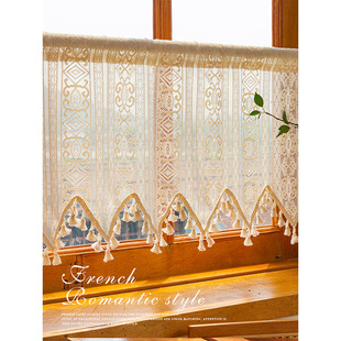 American-style high-end curtain kitchen window shelter half curtain balcony half curtain cotton woven tassel partition curtain