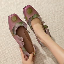 头层牛皮手工印花荷叶边软底舒适复古风休闲浅口套脚高端仙女风鞋