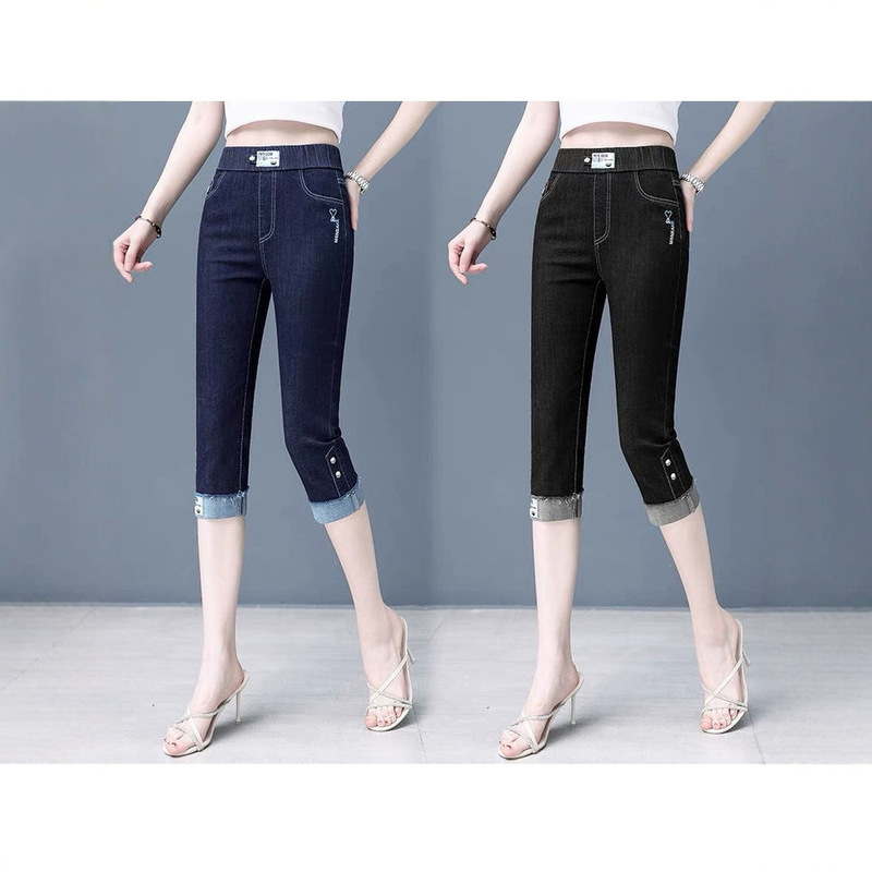 2025 New Thin Elastic Waist High Stretch Cropped Jeans Women's Summer Blue Black plus size 40-year-old Middle-aged Mother Pants 2025 New Thin Elastic Waist High Stretch Cropped Jeans Women's Summer Blue Black plus size 40-year-old Middle-aged Mother Pants