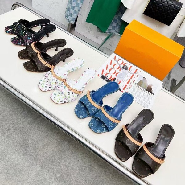 European and American Fashion High-Heeled Slippers 2025 New Super Popular Denim Embroidered Printed Sandals Stiletto Heel Elegant Cross-Border Trend