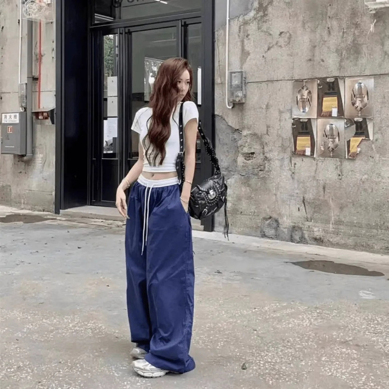 Summer new American retro street style matching color high waist overalls women's fashion slim wide leg pants live supply