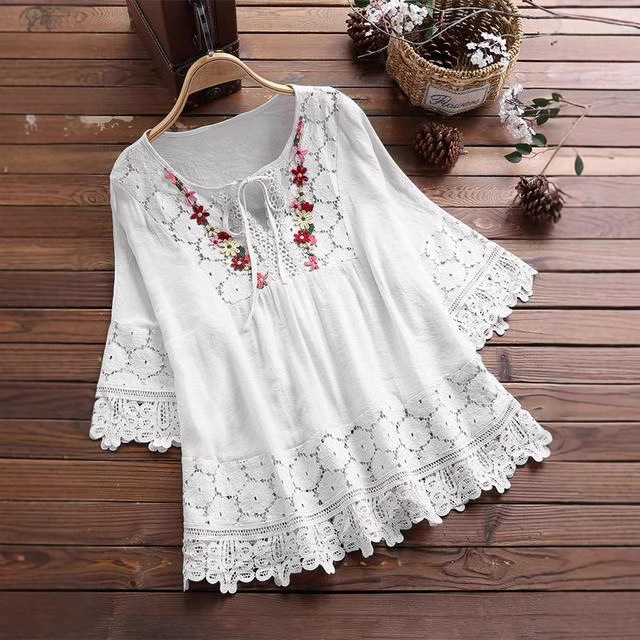 Elegantes Damen-Top mit V-Ausschnitt, Frühlings-/Sommerstil, Patchwork-Spitzenbesatz, lockere Passform, Baumwoll-Leinen-Mischung, europäischer und amerikanischer Stil_voghion.com