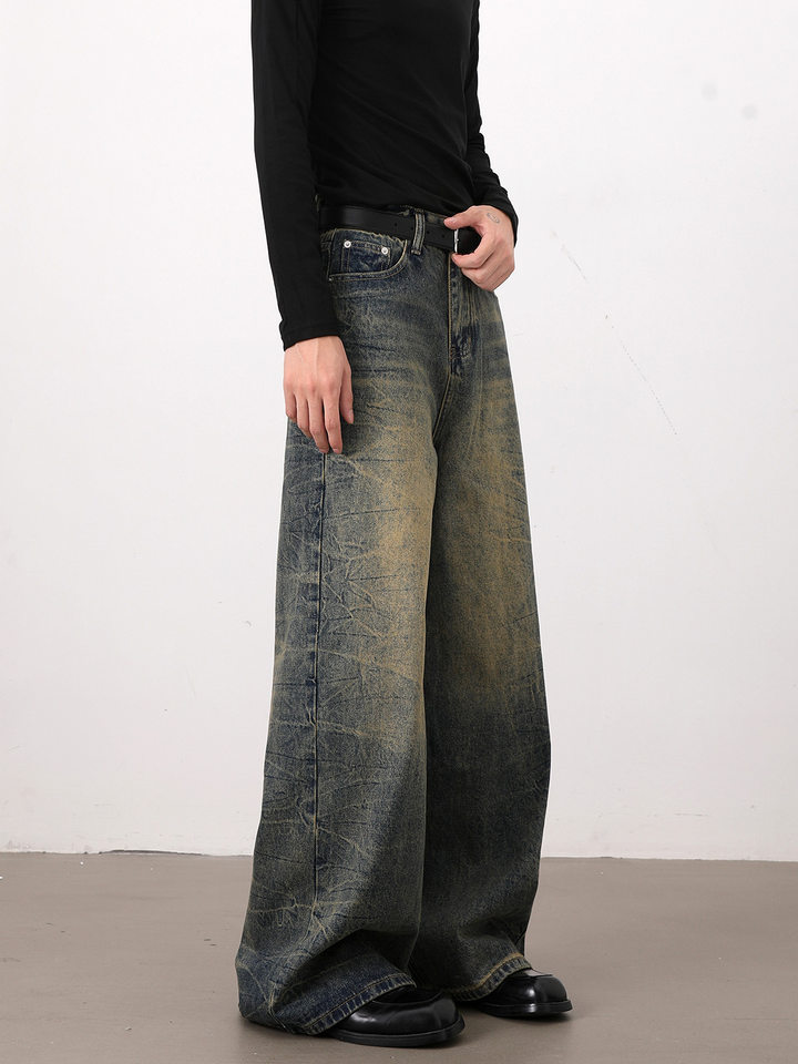 Quần jeans nam dáng rộng ống suông phong cách retro Mỹ, râu mèo xanh, giặt mài làm cũ — Xanh cổ điển