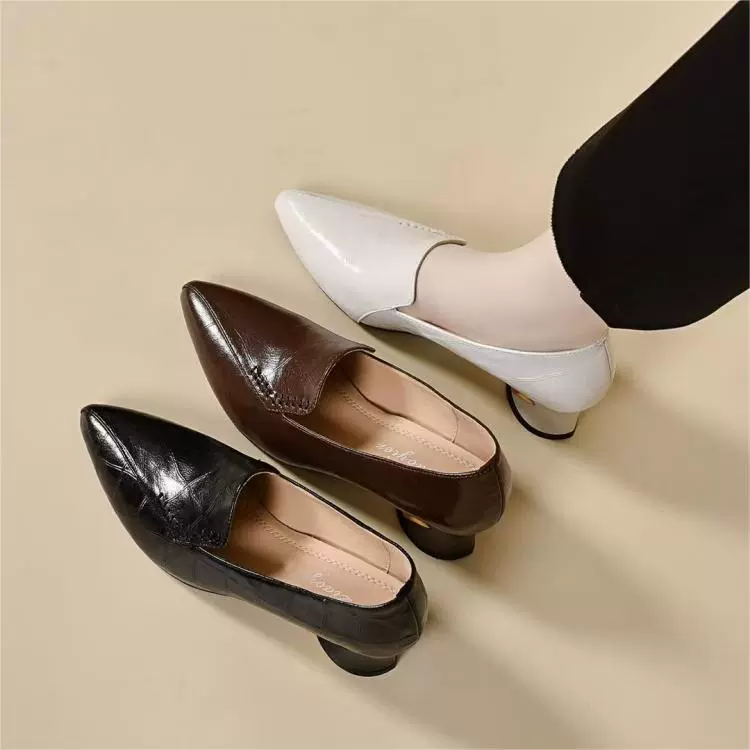 3,5 см ~ Новый британский стиль остроконечная мягкая воловья кожа с глубоким ртом одиночные туфли женский темперамент на каблуках Lefu маленькие кожаные туфли 2025