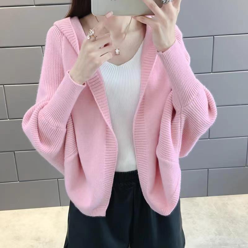 2023 autumn new women's knitted cardigan loose long sleeve solid color cloak batwing shirt hooded sweater women's coat 2023 autumn new women's knitted cardigan loose long sleeve solid color cloak batwing shirt hooded sweater women's coat