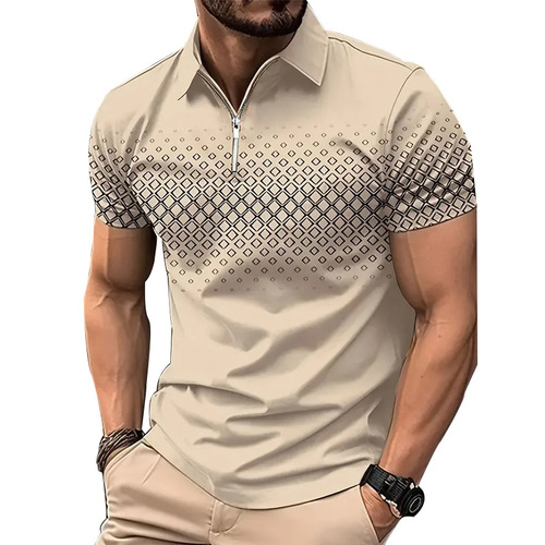 Summer new men's short-sleeved polo shirt 3D digital checkered print zipper polo