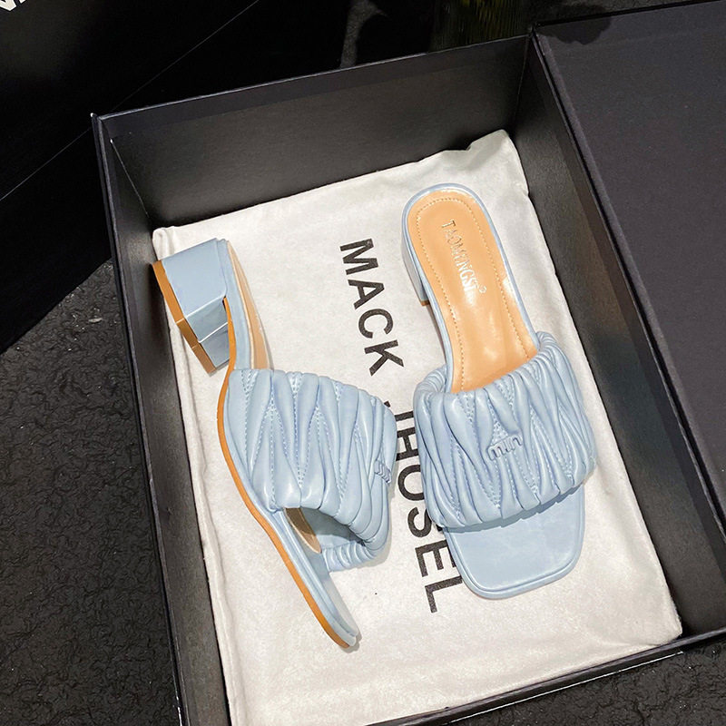 Dép sandal nữ mũi vuông gót nêm siêu mềm kiểu xếp ly, đế cao 3 cm — Màu hồng, Màu mơ, Màu xanh lam