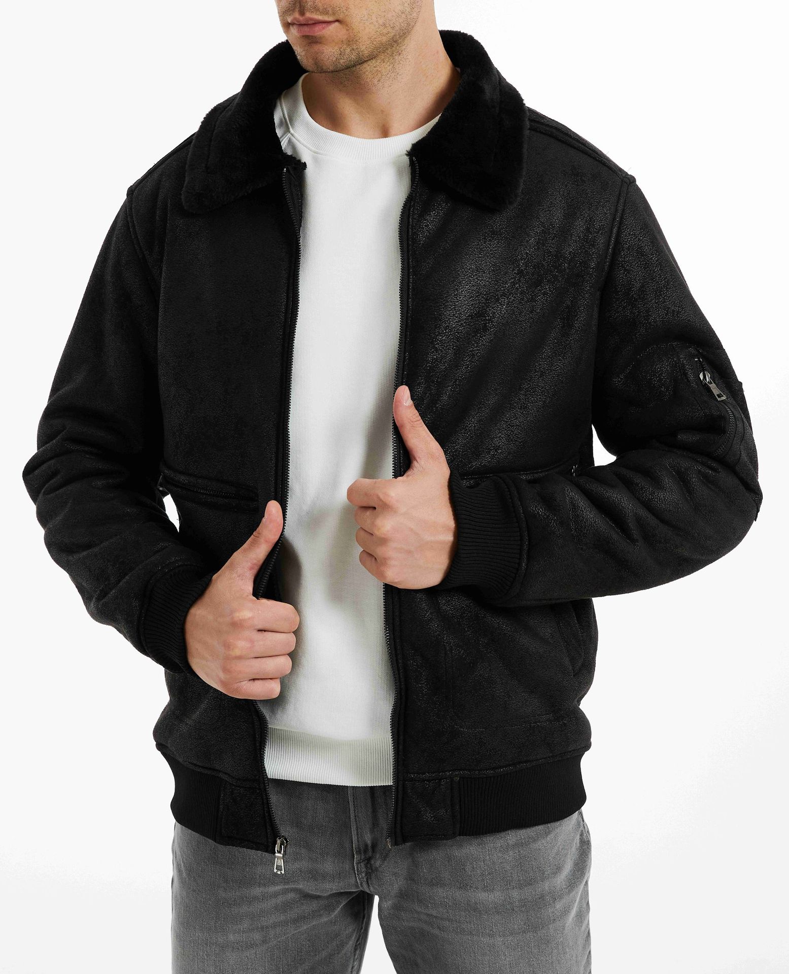 Men's Fur Lined Winter Jacket With Multi Pockets And Lapel Collar_voghion.com