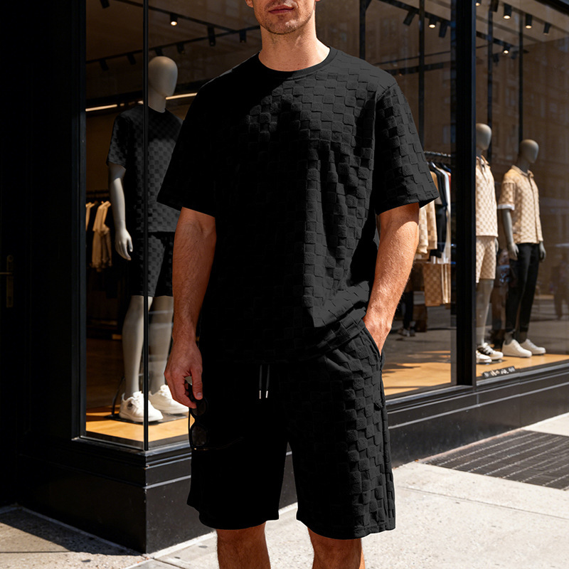 Muscle Doctor Men's Summer Jacquard Checkered Short Sleeve T-Shirt & Shorts Set, Loose Fit High Street Casual Outfit_viptrois.com