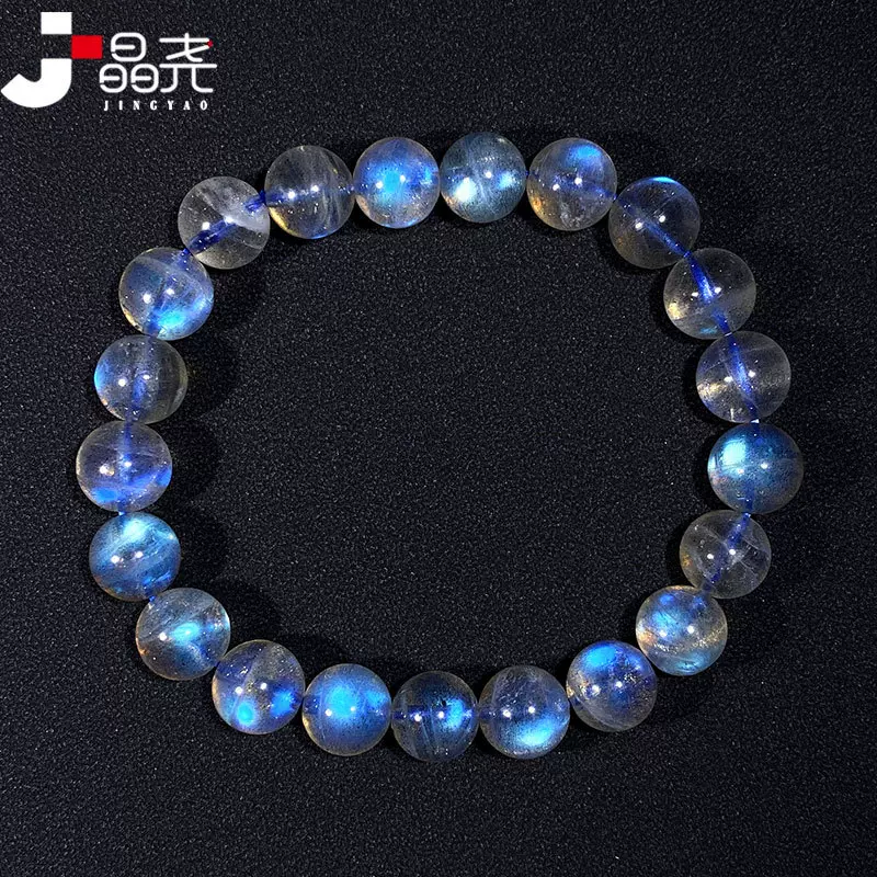 晶堯天然冰种拉长石手链颗颗蓝光月光石水晶手串单圈男女时尚饰品