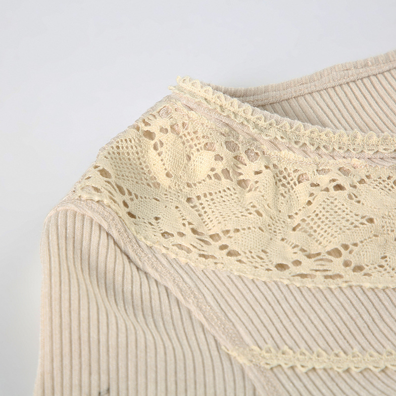 Autumn Winter Women Clothing Internet Lace Stitching Split Breasted round Neck Slim Fit Base Long Sleeve T shirt for Women