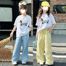女童夏装印花T恤格子裤两件套2025新款中大童韩版卡通上衣长裤潮