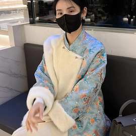 新中式水貂真丝宋锦女羊绒内胆进口整貂水貂鹅绒服时尚皮草外套女