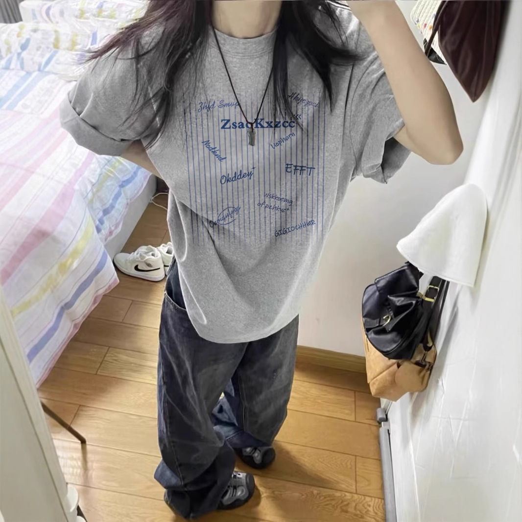 American Retro Gray Pure Cotton Short-Sleeve T-Shirt for Women, Summer 2026 New Design, Niche Loose Half-Sleeve Top, Trendy