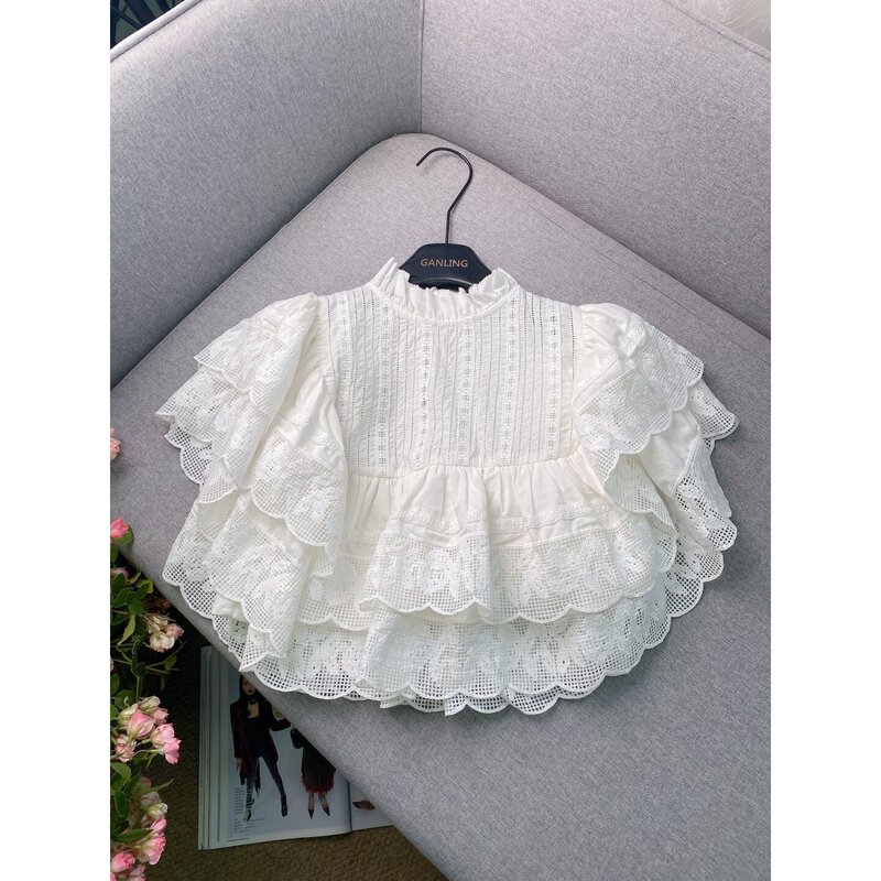 Full of Details~ French-Style White Lace Embroidered Layered Ruffle Shirt for Women, Cotton Youthful Playful Babydoll Shirt