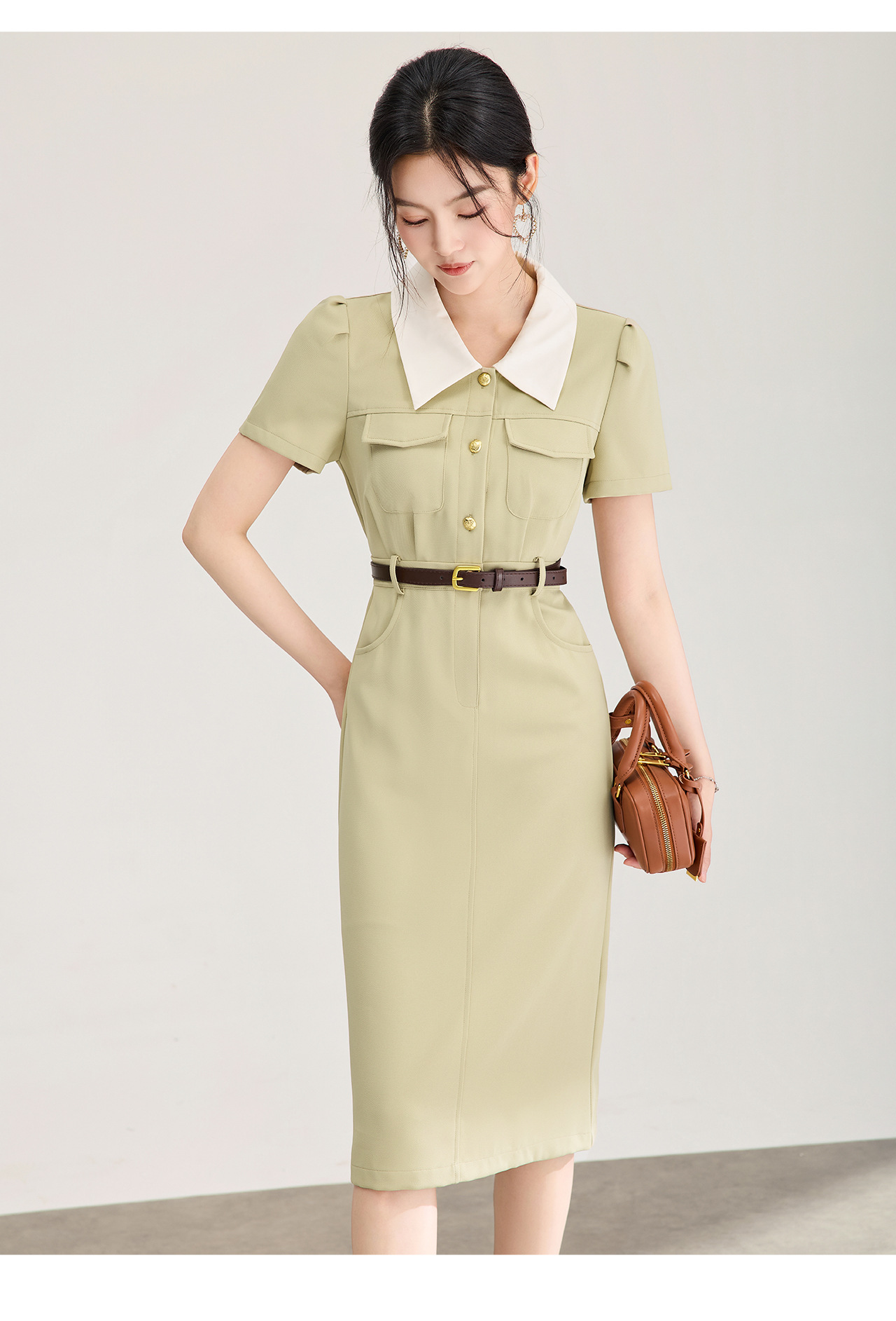Đầm dài cổ sơ mi phong cách vintage nữ tay ngắn dáng suông — xanh lá cây chi tiết 14