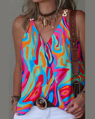 Wish Summer Simple V-neck Metal Button Print Small Backless Top for Women