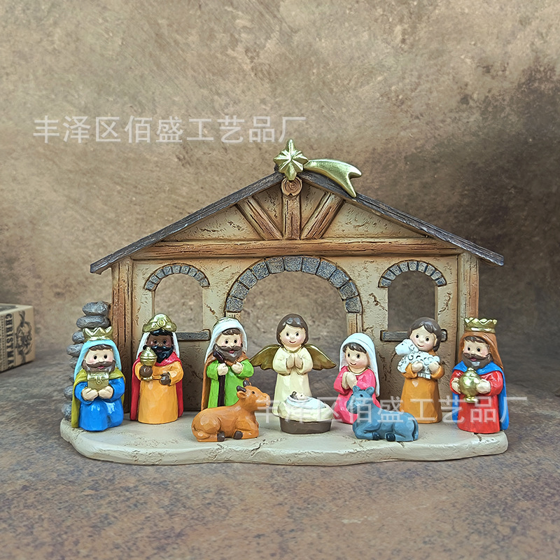 Navidad transfronteriza regalos de nacimiento escena de pesebre decoración imitación de madera resina artesanía decoración para el hogar de vacaciones