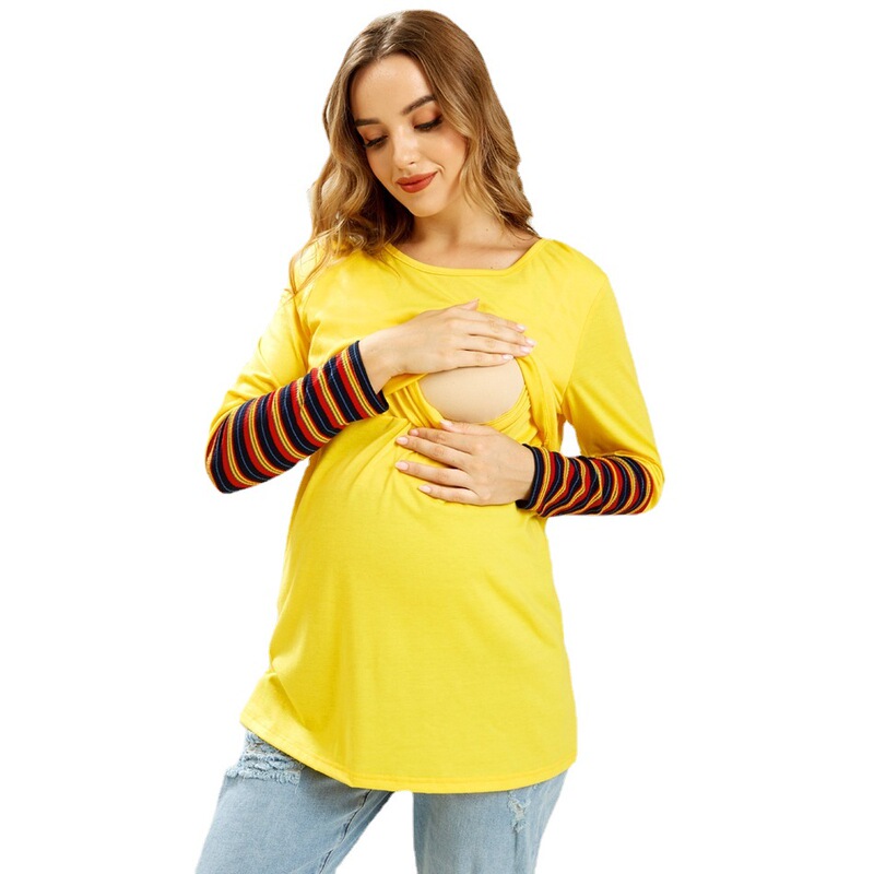 Foreign trade Amazon European and American women's top fashion striped stitching maternity clothes confinement nursing clothes long sleeve breastfeeding shirt Foreign trade Amazon European and American women's top fashion striped stitching maternity clothes confinement nursing clothes long sleeve breastfeeding shirt