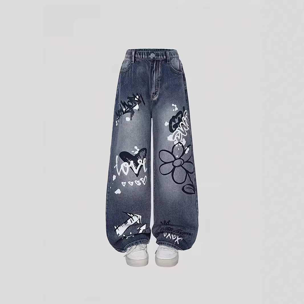 New cross-border Amazon teenage girls' jeans, loose fit, casual straight leg pants.
