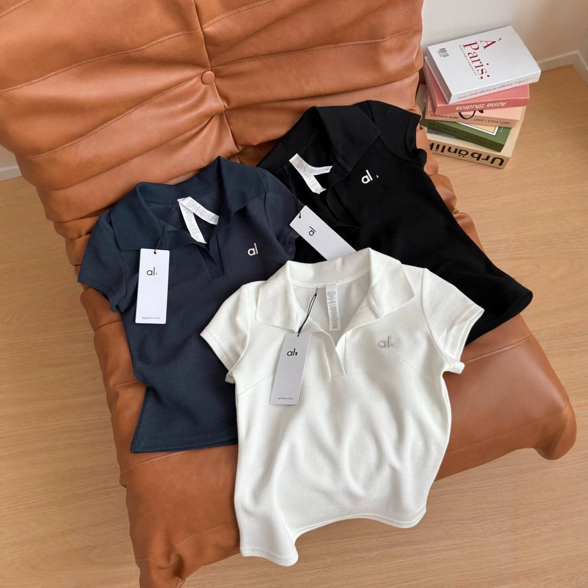 AIO 3D logo polo collar short-sleeved t-shirt, women's, with a flattering, slim fit, casual yoga sports top, pure cotton.