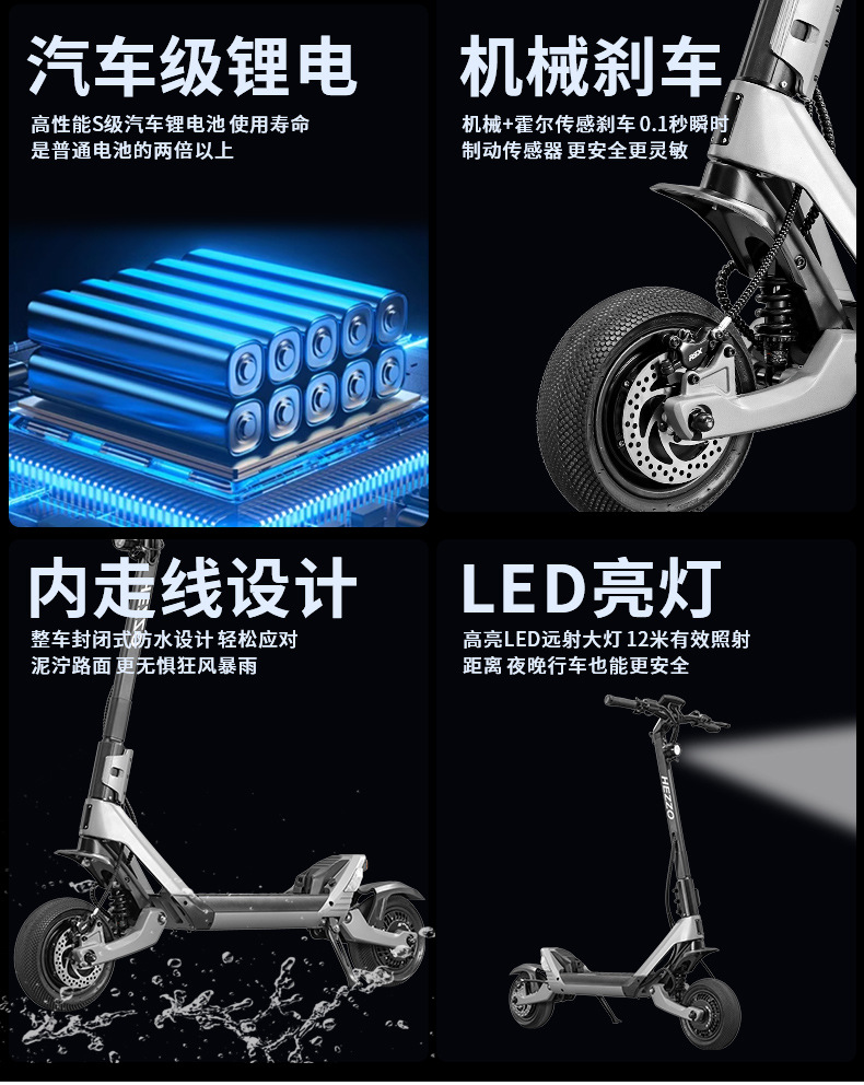 HEZZO manufacturers electric scooter 1600W dual drive motor 60V23AH outdoor off-road commuter foldable