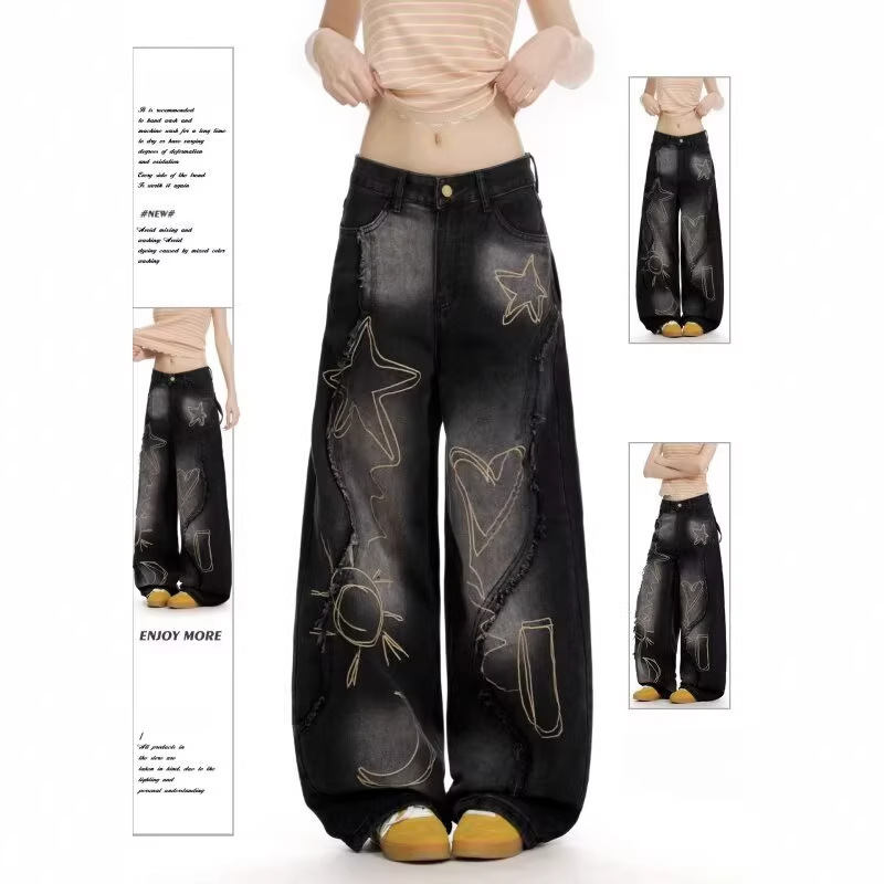 American Retro Frayed Embroidered Washed Scimitar Jeans for Autumn, Unisex Street Style Loose Wide-Leg Floor-Length Pants Cross-Border