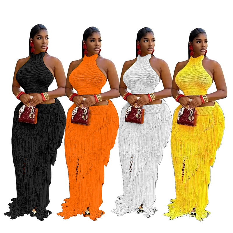 Ts1363 European and American Women's New Casual Knitted Tassel Beach Skirt Suit Ts1363 European and American Women's New Casual Knitted Tassel Beach Skirt Suit