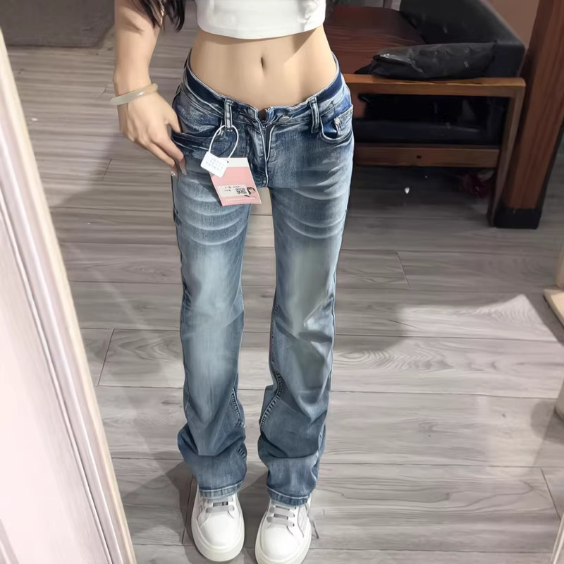 American Retro Style Distressed Straight-Leg Jeans for Women, Autumn and Winter, Low-Waist, Stretchy, Slim-Fit, Flattering Straight-Leg Pants