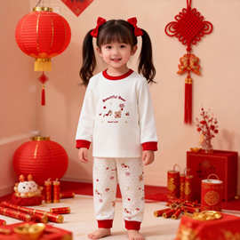 A类纯棉新年贺岁男宝女宝套头舒绒棉秋衣套装