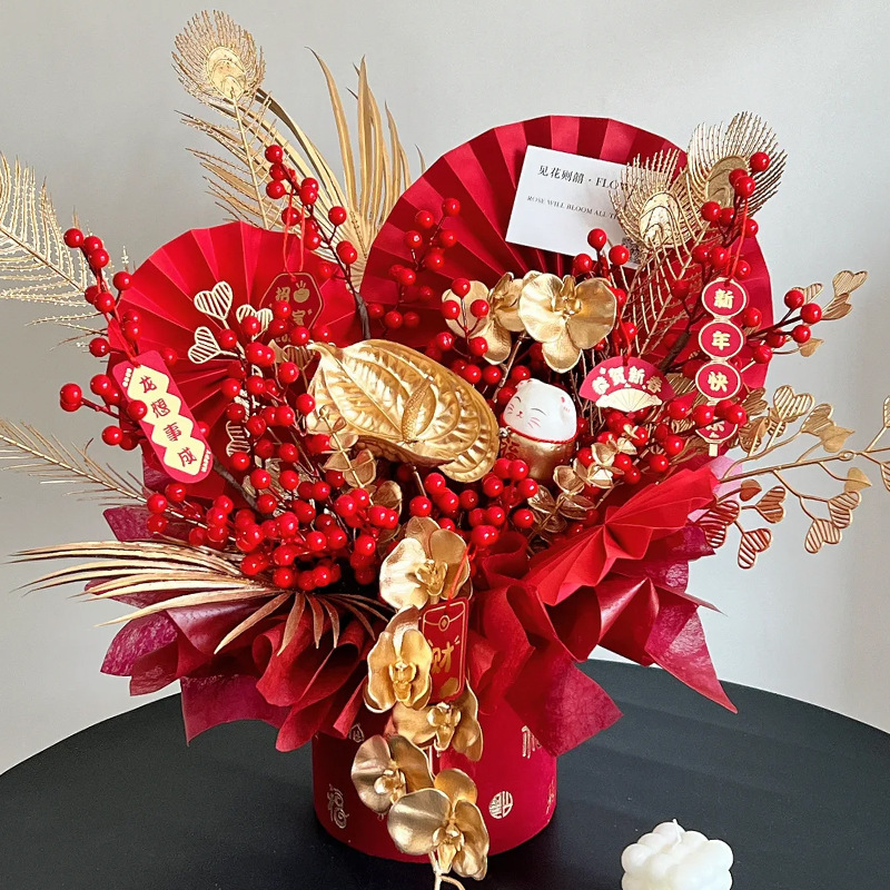 Barril de bendición de Año Nuevo al por mayor barril de abrazo rojo estampado redondo barril de flores barril vacío barril de hivernace material de arreglos de flores