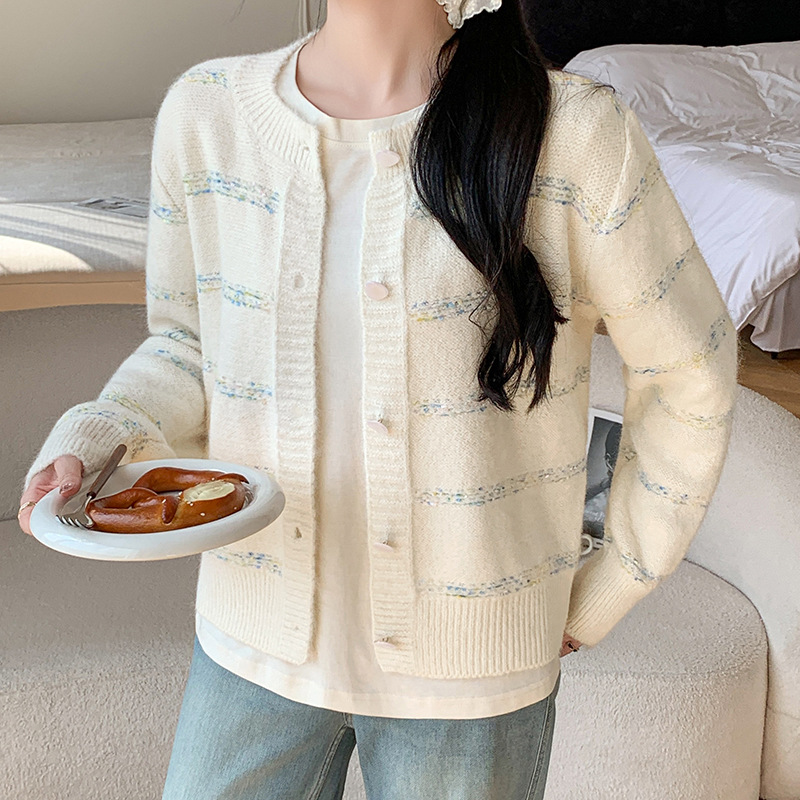 Invierno y otoño suéter fragrante color rayas dulces camisetas de punto para mujeres suaves cardigans versátiles chaqueta