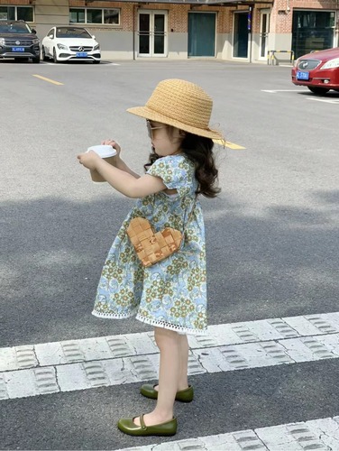 Children's Summer 2024 Fashion Floral Dress French Style Sweet Princess Dress Puff Sleeve Short Sleeve Dress